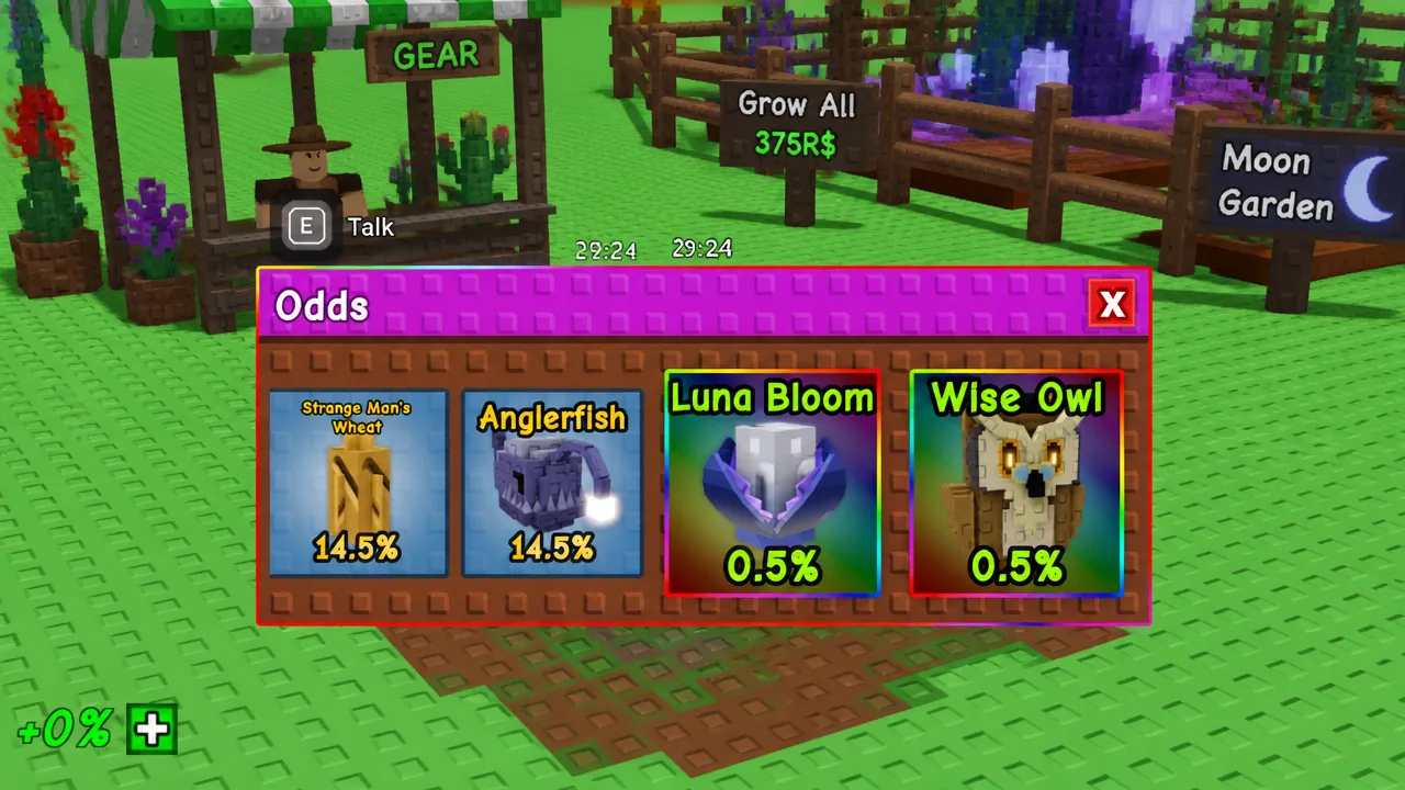 Odds window showing chest drop probabilities including Luna Bloom