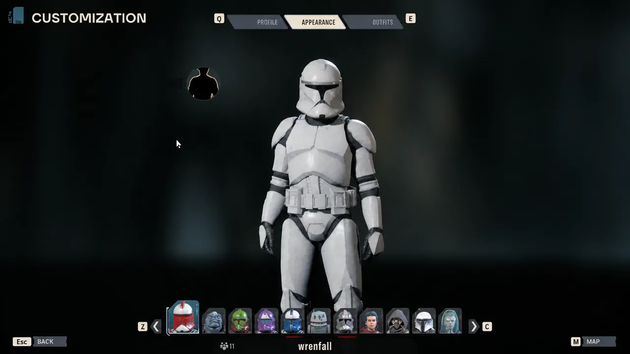 The Star Wars Zero Company customization screen with the APPEARANCE tab open and a stormtrooper option highlighted.