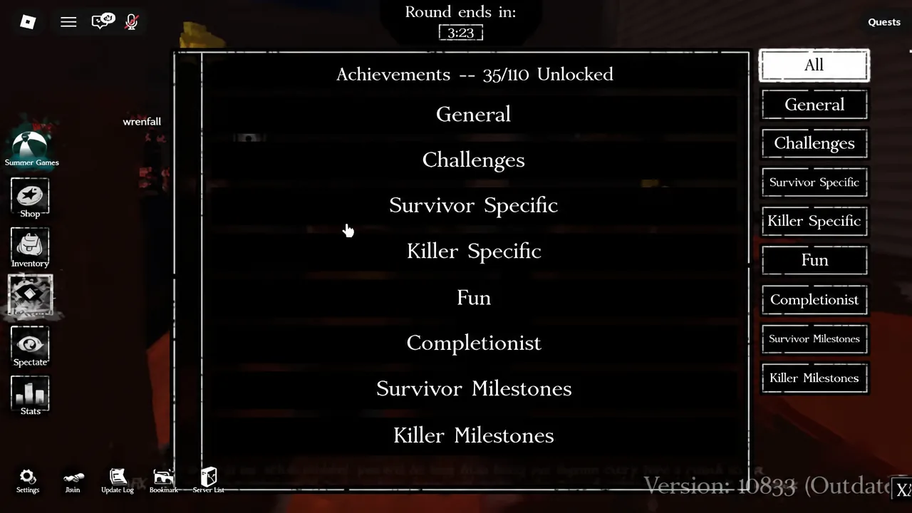 Forsaken Achievements menu open on the All tab, listing achievement categories including Survivor and Killer Milestones