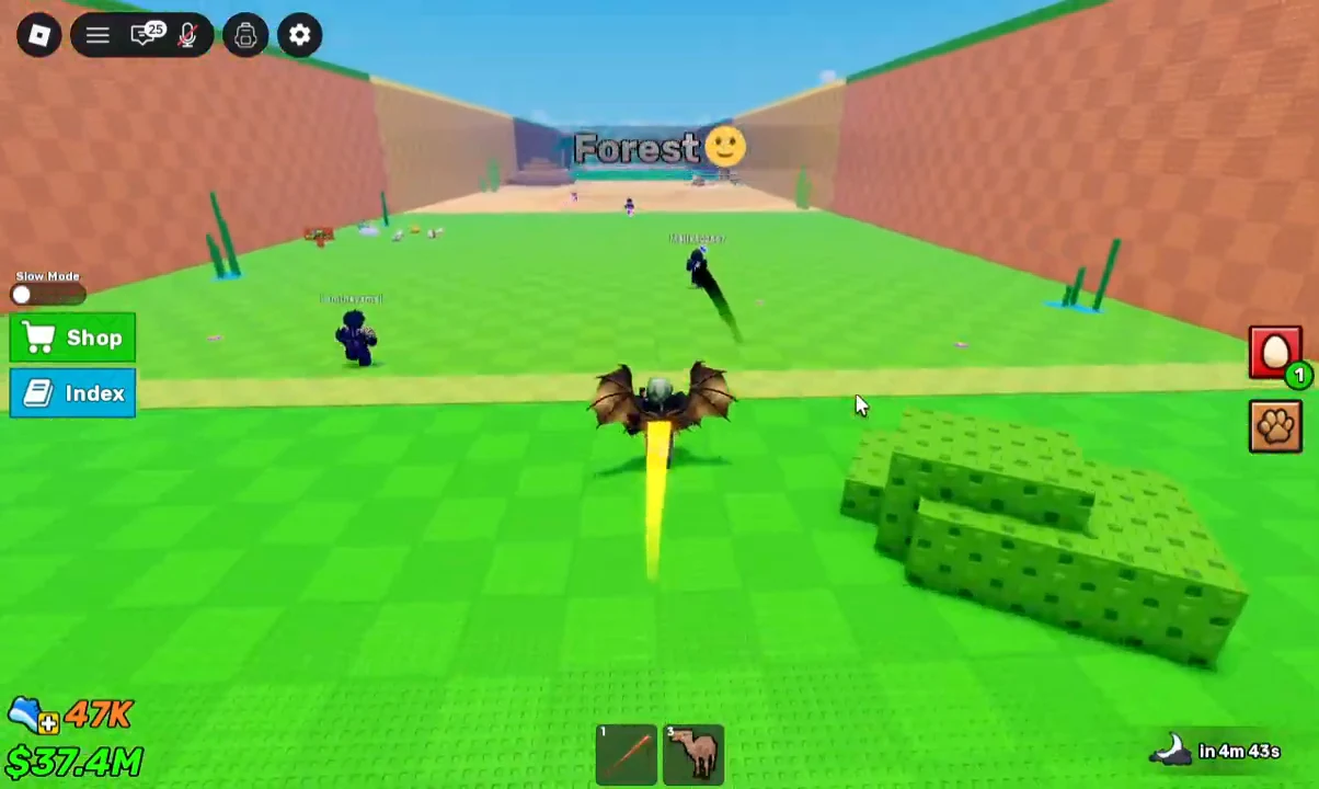 Winged character flying forward across the grassy Forest arena