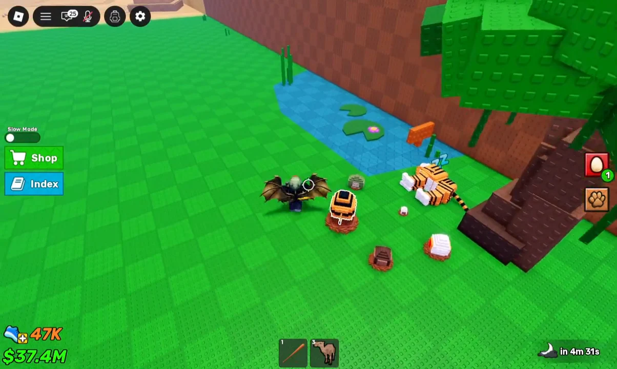 Avatar standing among equipped pets beside a pond with a tool and goat in the hotbar
