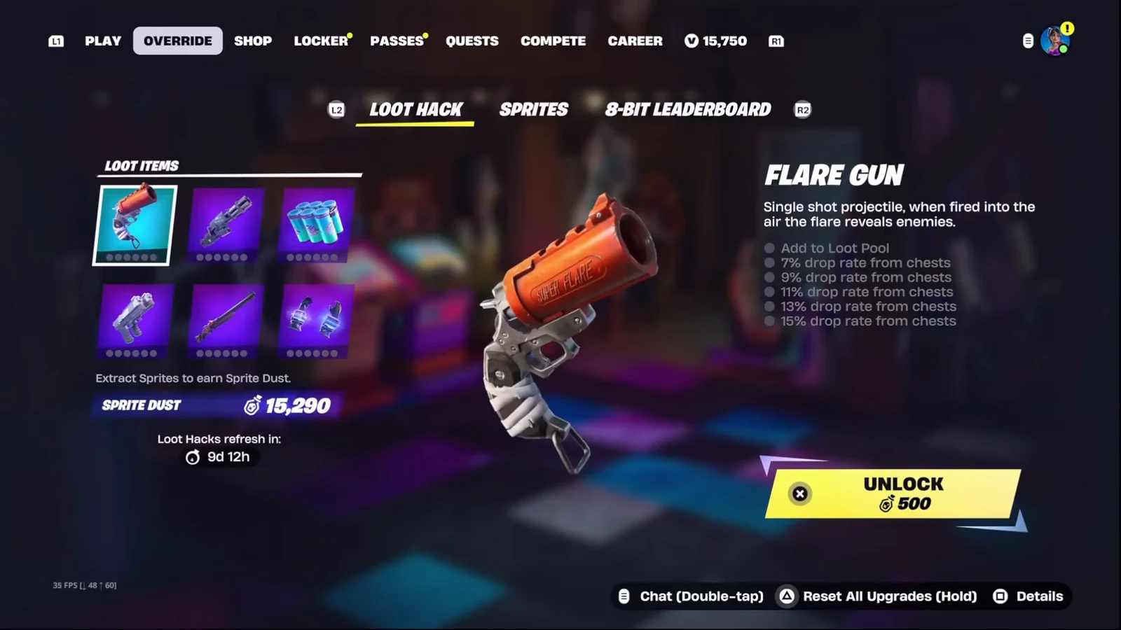 Overdrive Loot Hack screen with a Flare Gun and an Unlock 500 Sprite Dust button