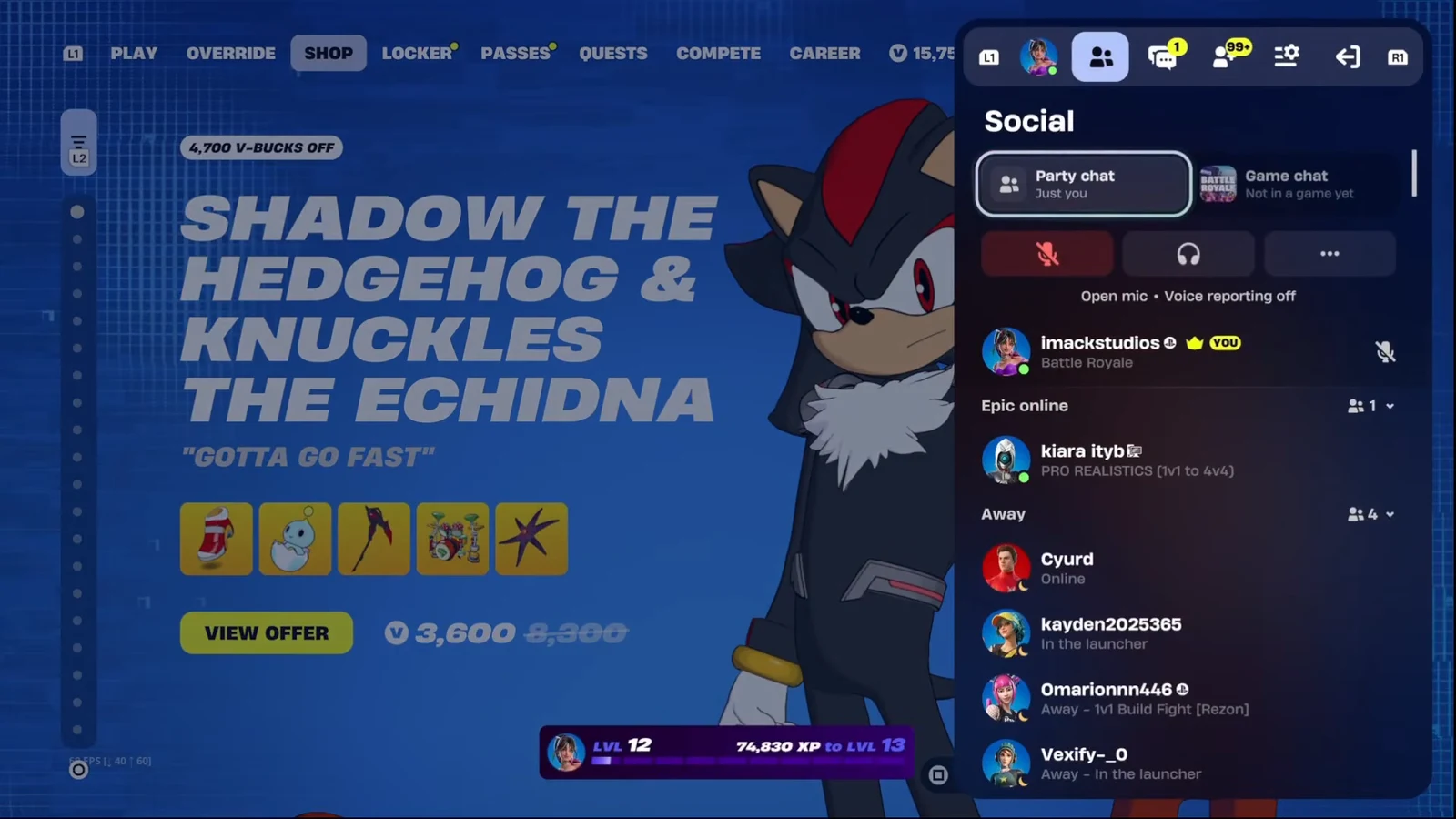 Fortnite Social panel on the Party chat tab with friends and voice-chat controls