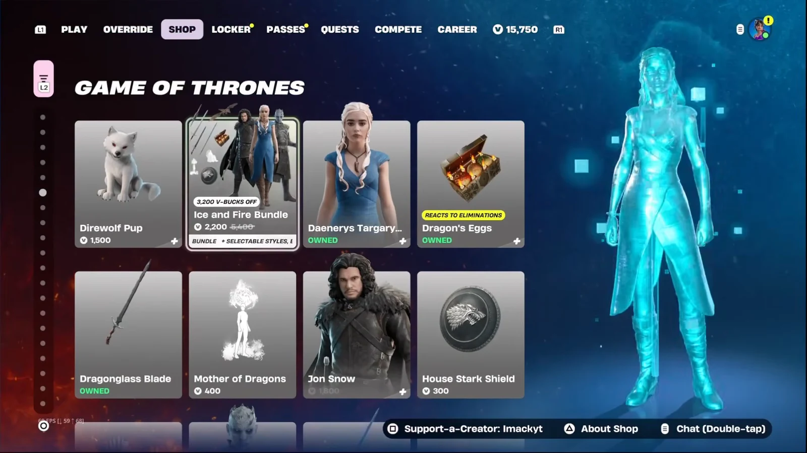 Item Shop Game of Thrones section with the Ice and Fire Bundle highlighted