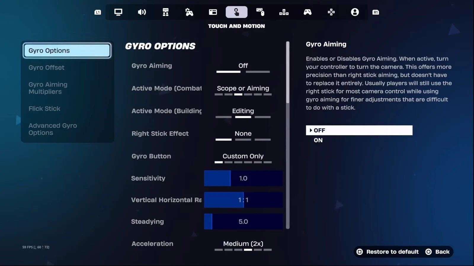 Touch and Motion settings with Gyro Aiming on and the Off option highlighted