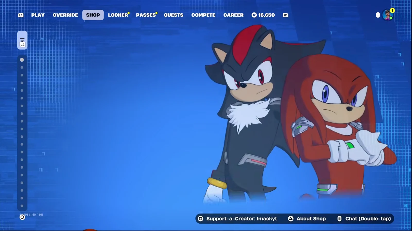 Fortnite Shop tab selected over Sonic character art while the item catalog loads