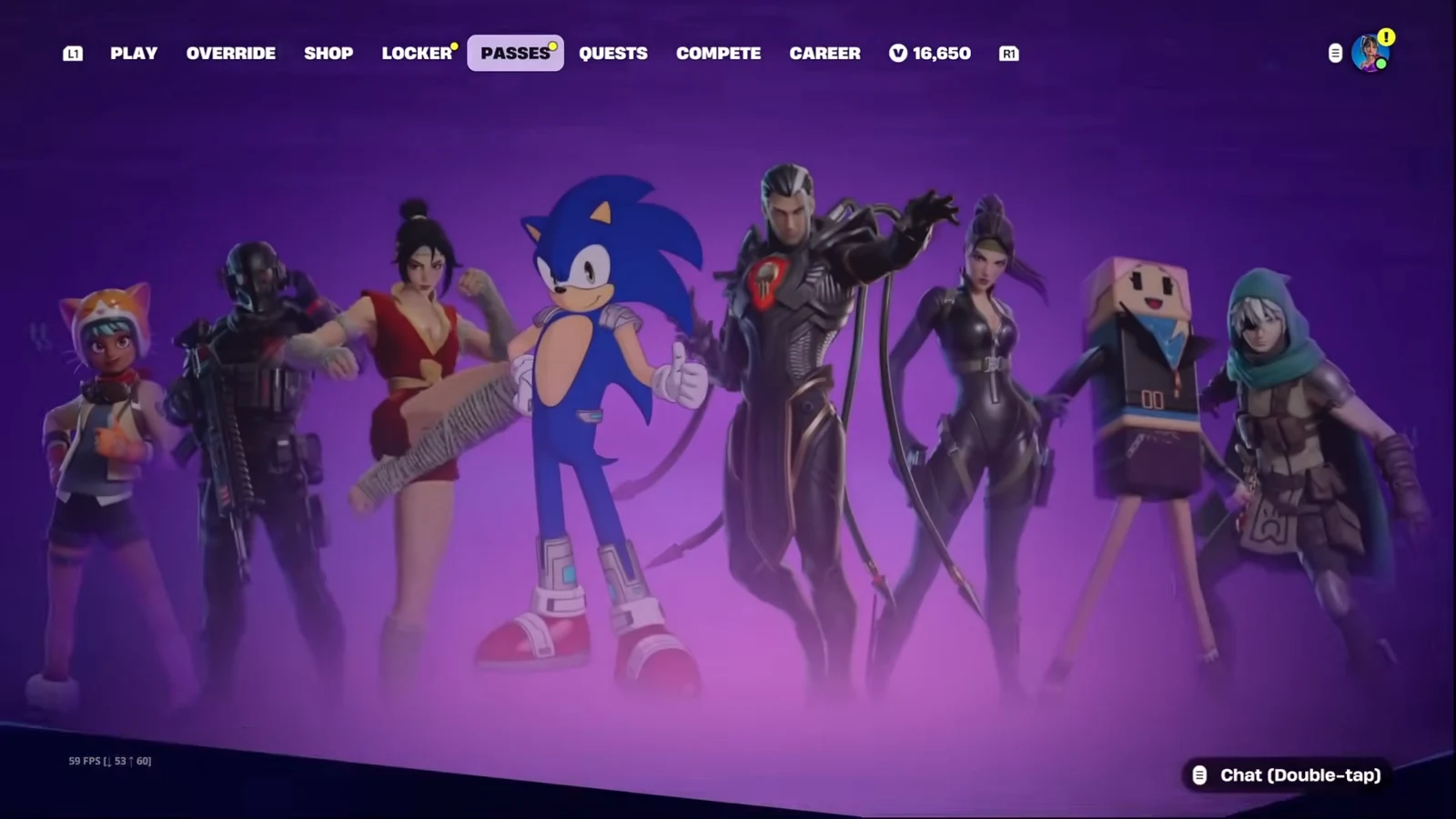 Fortnite main menu with the PASSES tab highlighted