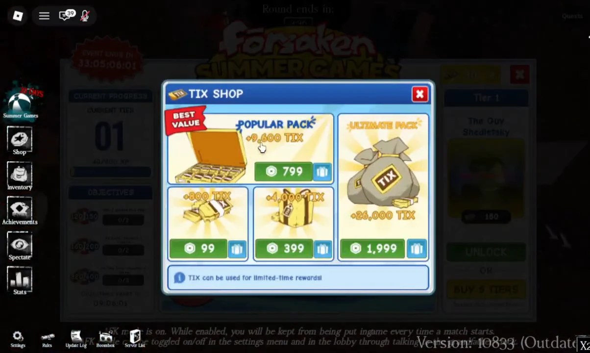 The TIX SHOP menu in Forsaken listing Tix bundles for sale, with the Popular Pack highlighted