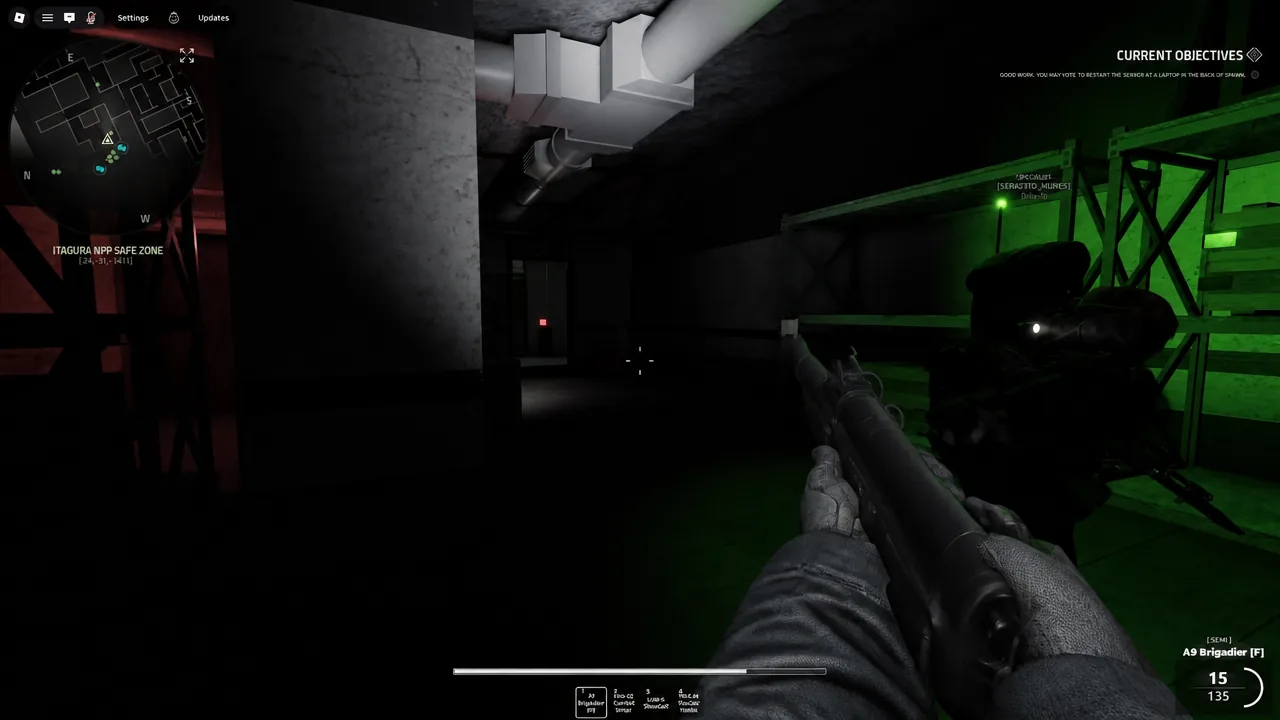 Player aiming a shotgun down a dark industrial corridor with the Current Objectives panel visible