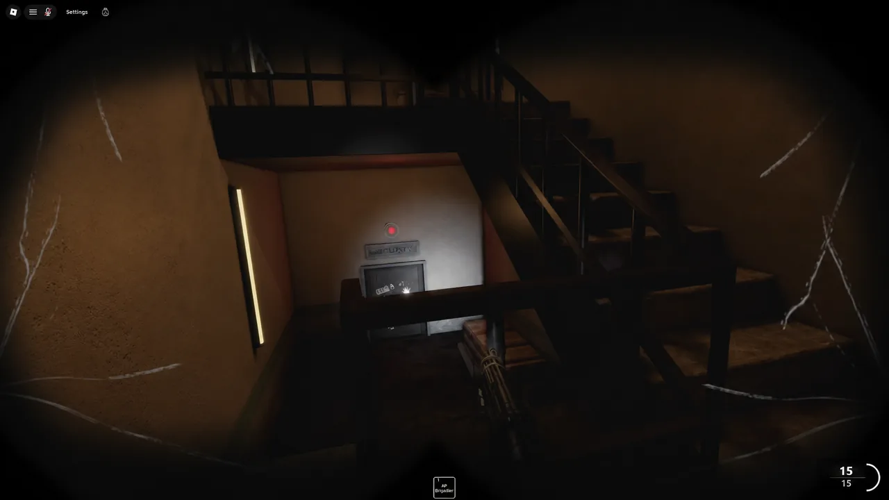 Player aiming at a wall-mounted SECURITY control panel tucked under a staircase in the Tunnels
