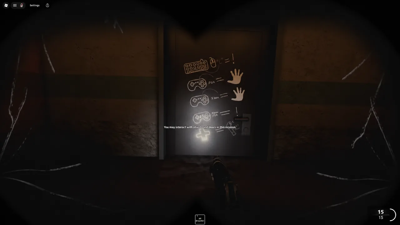 In-game control sign showing hand and controller icons explaining how to interact with objects and doors