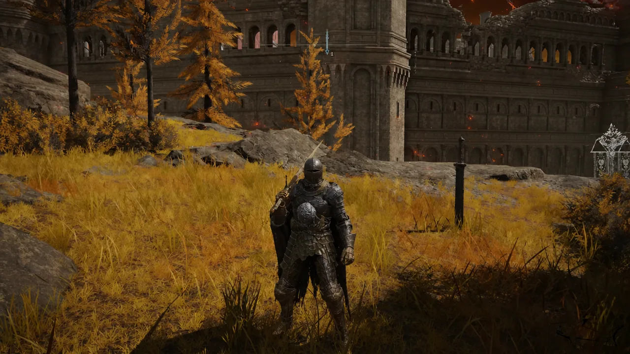 Armored Tarnished standing in a golden field in front of a huge fortress in Caelid