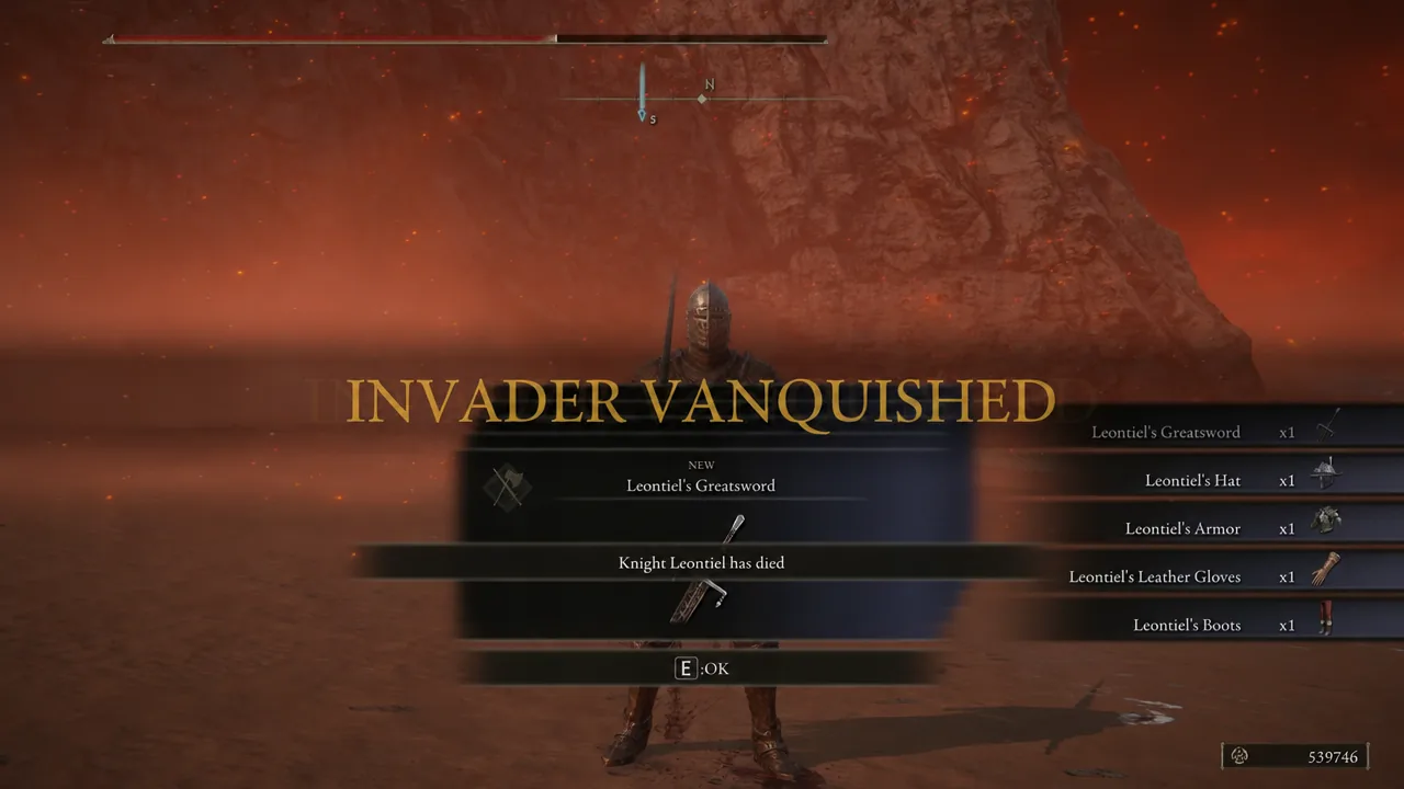 INVADER VANQUISHED screen listing the Leontiel rewards with the OK button highlighted