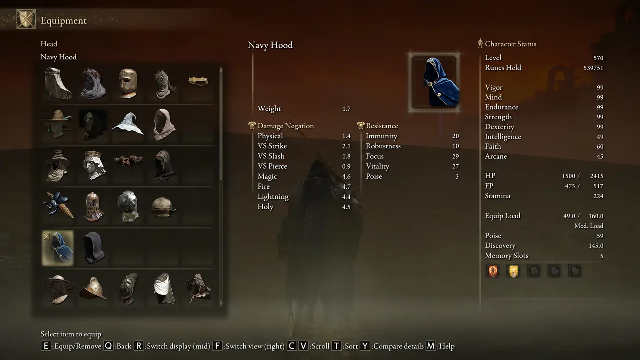 Equipment menu open on the Head slot while browsing headgear to equip