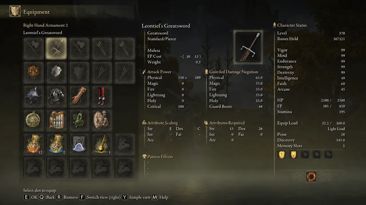 Equipment menu with Leontiel's Greatsword selected for the Right Hand Armament 2 slot