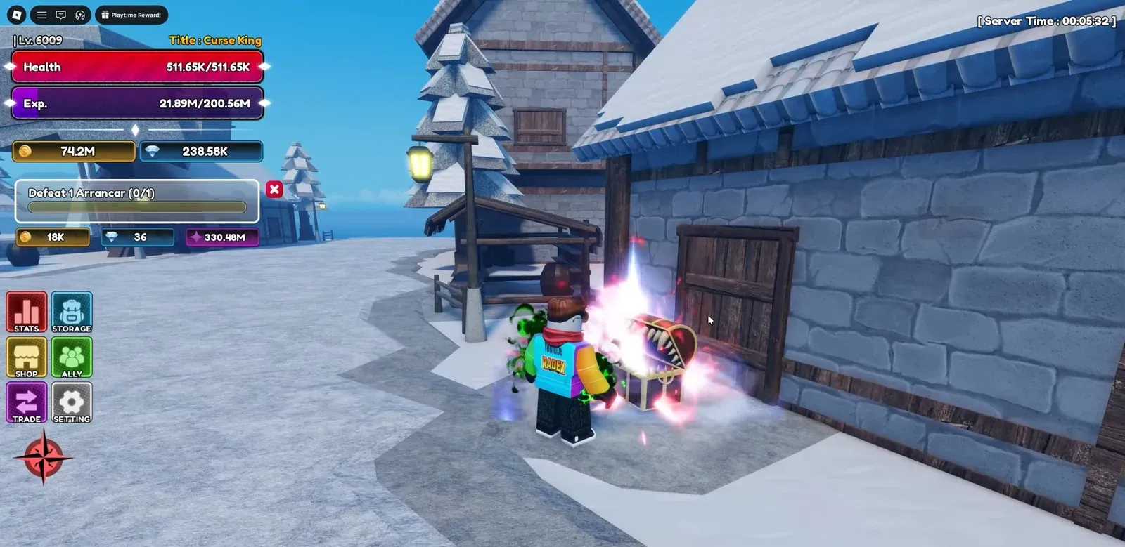 Player interacting with a glowing treasure chest next to a snowy building