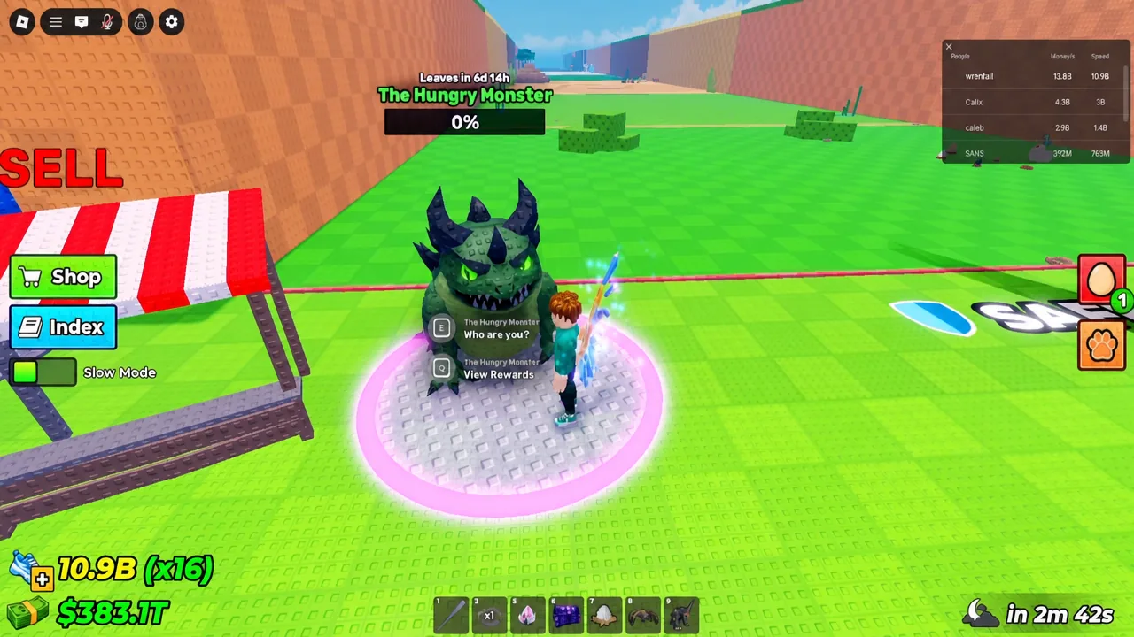The Hungry Monster interaction prompt showing E Who are you? and Q View Rewards