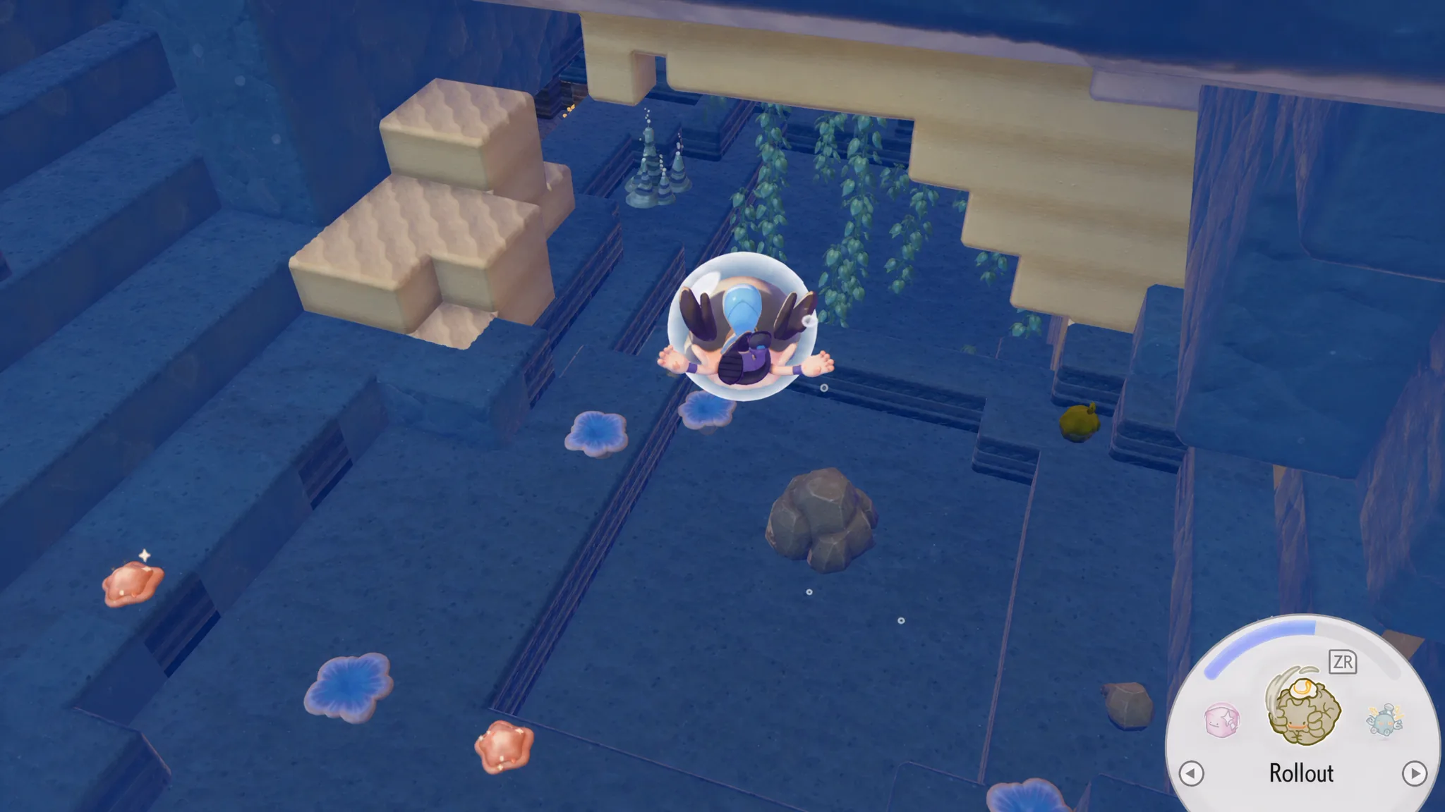 Driving into an underwater cave in the Basin Dream Island in Pokémon Pokopia