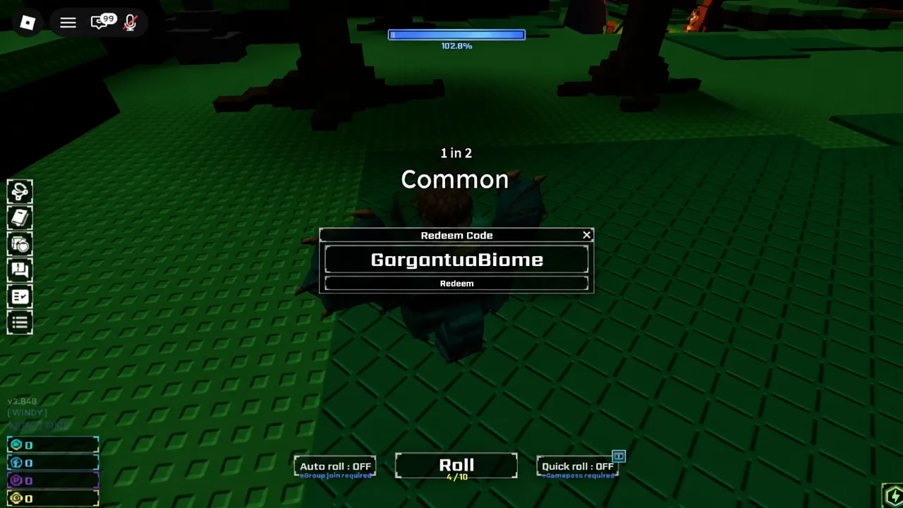 Redeem Code dialog in Sol's RNG with a code typed into the text field