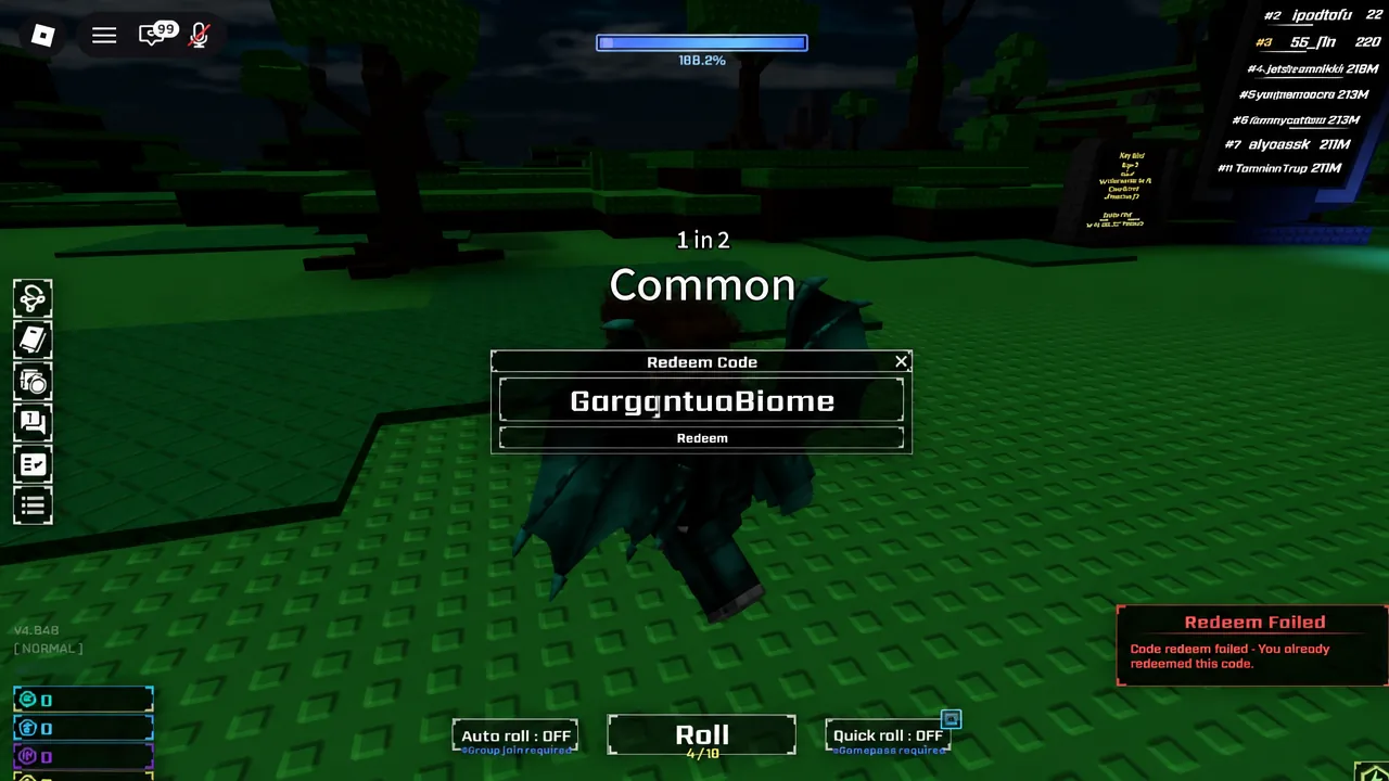 GargantuaBiome typed into the Redeem Code field with an already redeemed error showing