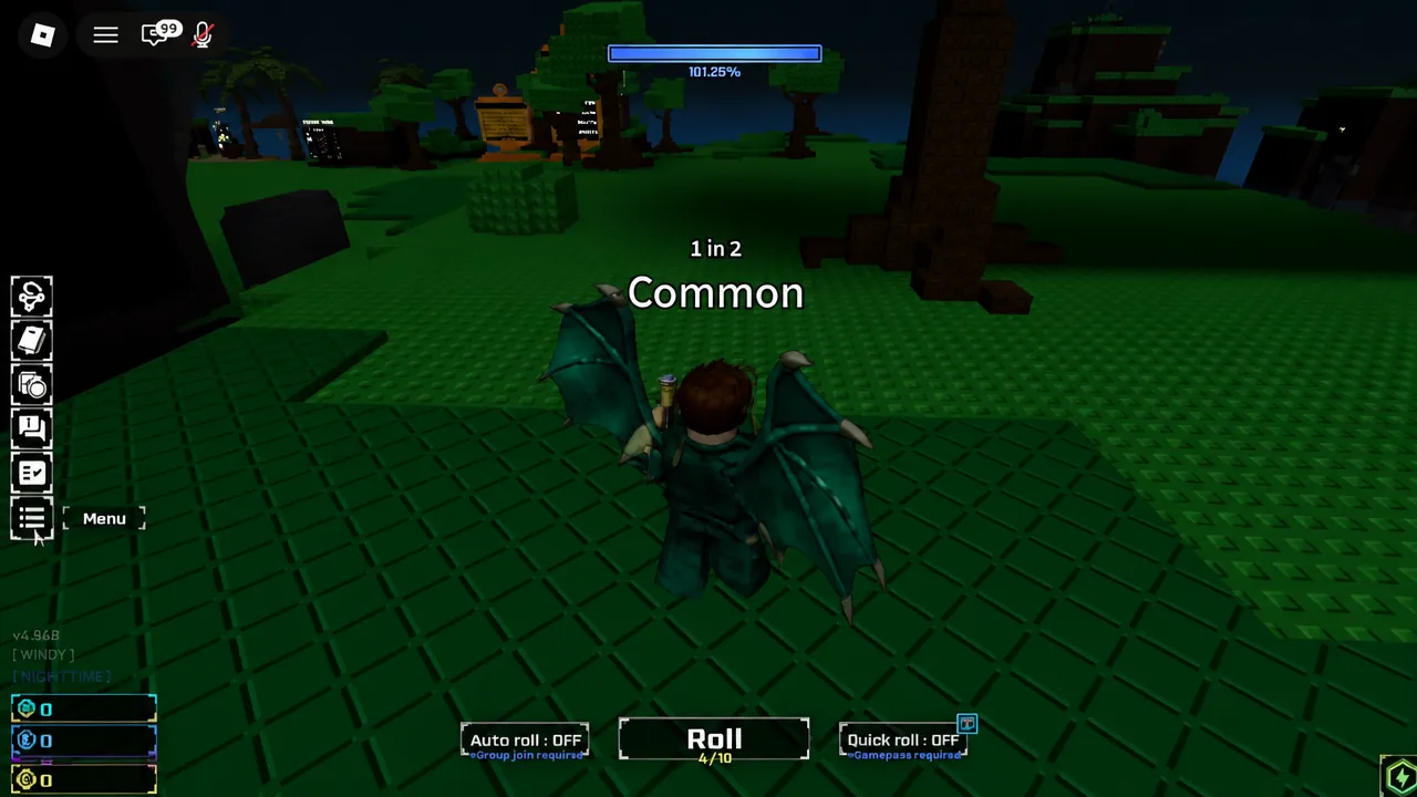 The Roll button at the bottom of the screen in Sol's RNG with a Common aura result