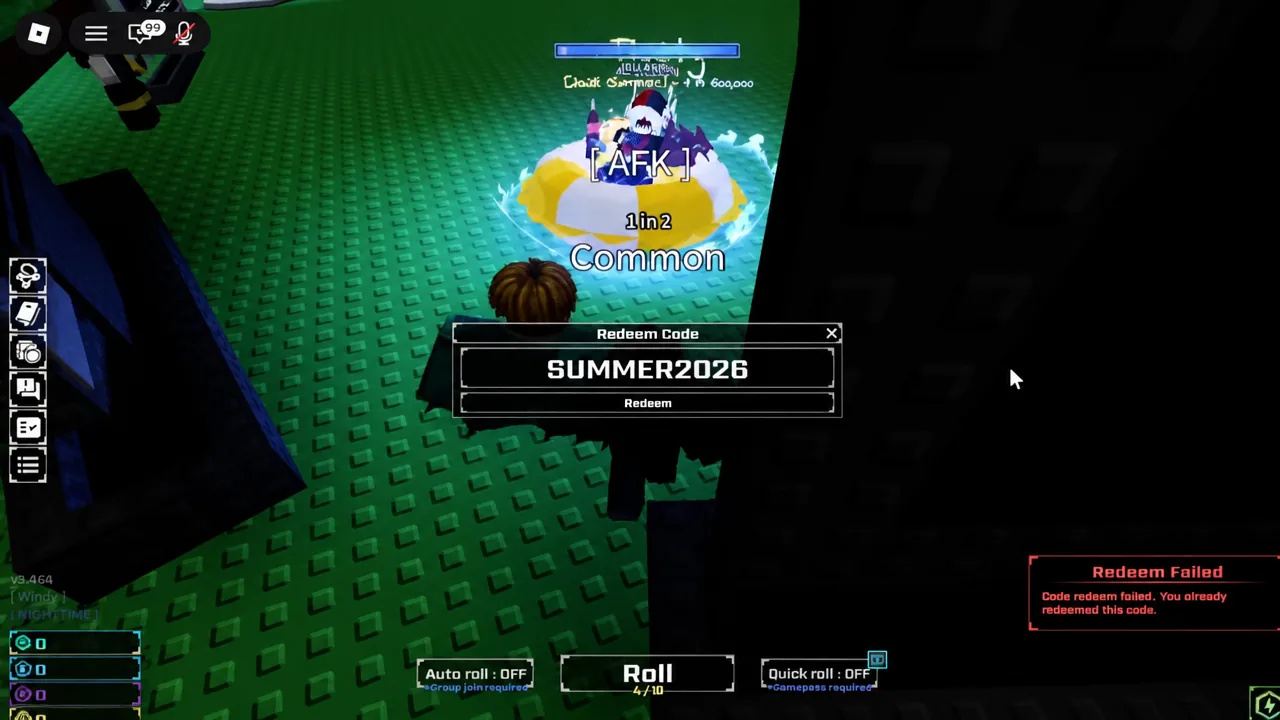 SUMMER2026 entered in the Sol's RNG Redeem Code box with a failure notice on screen