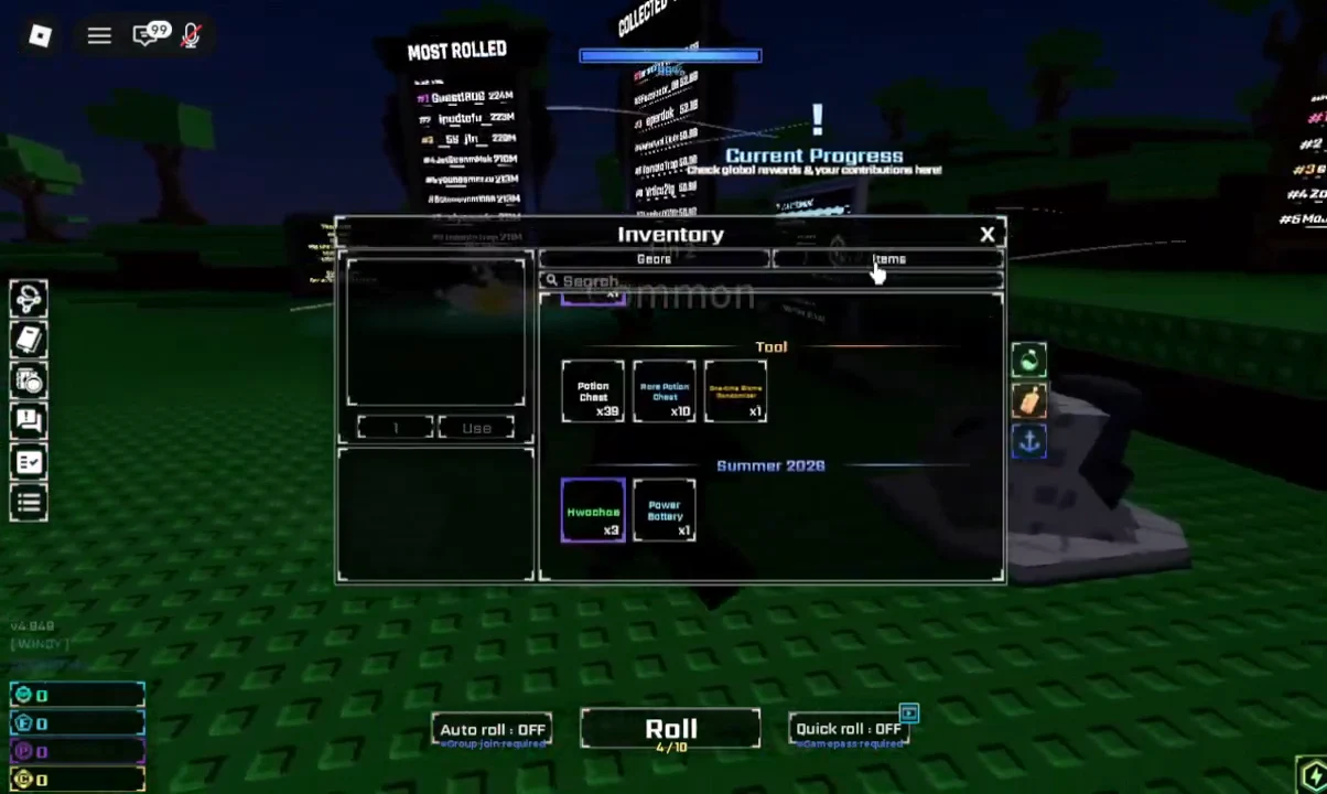 Sol's RNG Inventory open on the Items tab showing stored tools and event items
