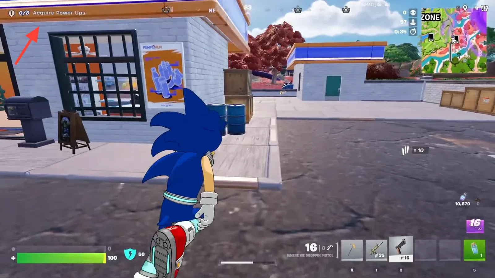 Acquire Power Ups objective active while exploring a street as Sonic with a pistol equipped