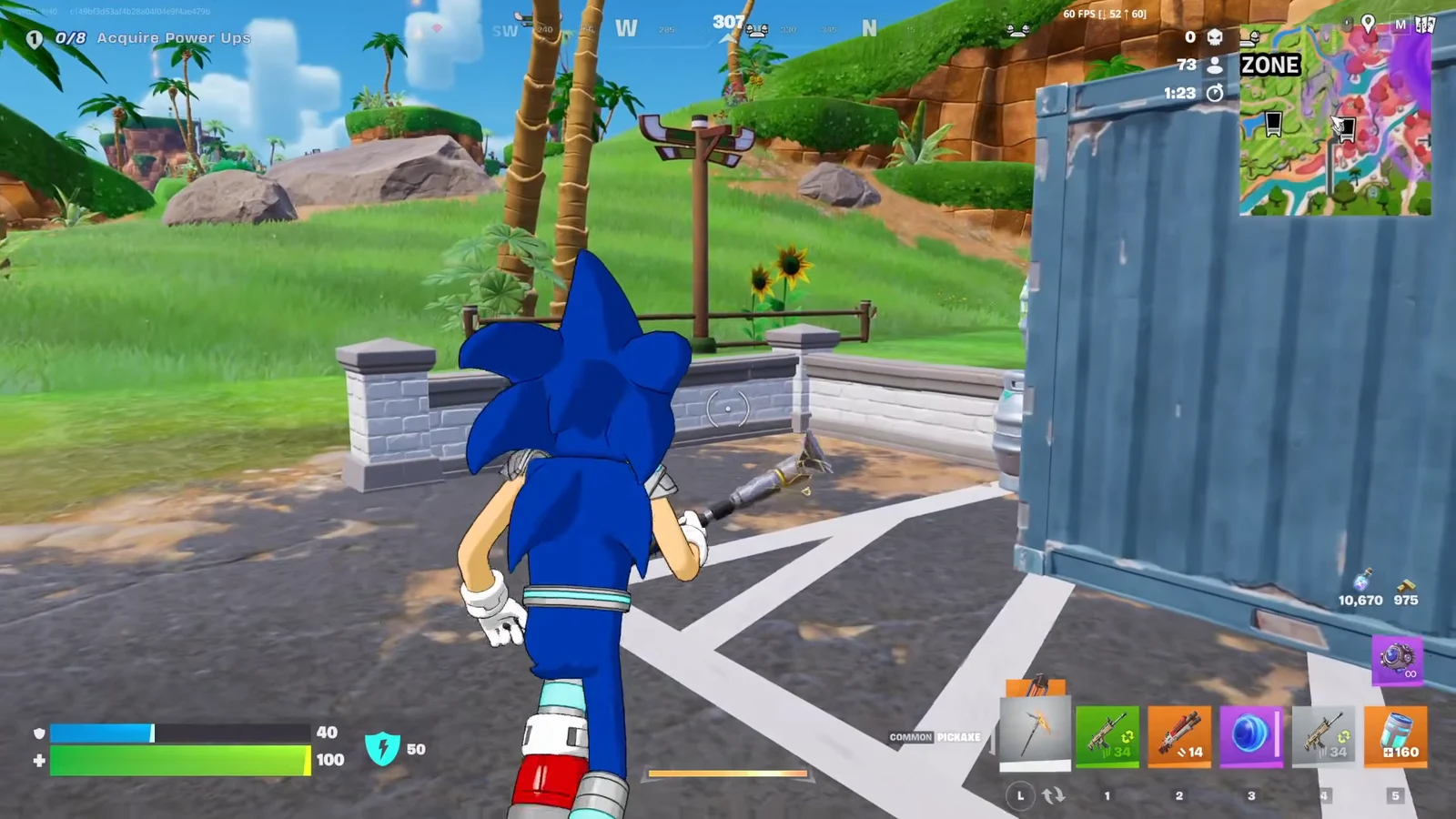 Player with a pickaxe heading toward a blue shipping container after calling a supply drop