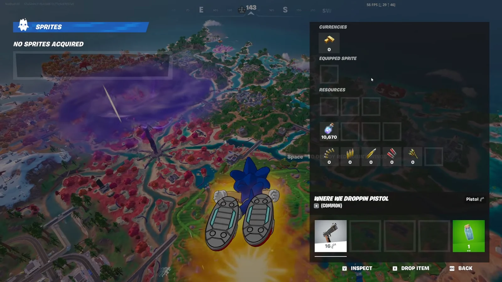Inventory screen showing a pistol weapon slot and a Small Shield Potion