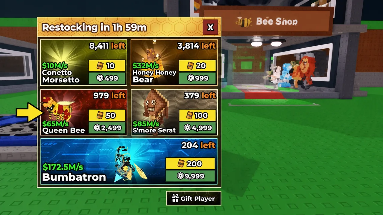 Bee Shop restock menu highlighting the Queen Bee item with its price and stock