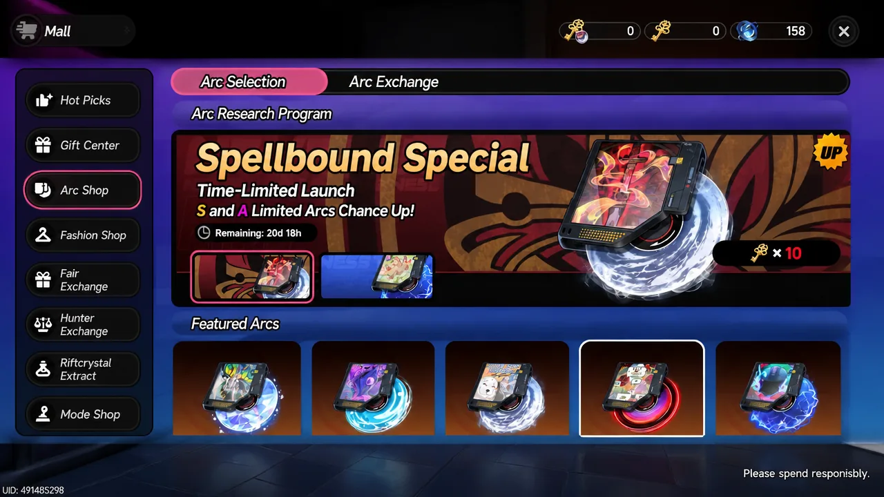 Arc Selection tab open in the Mall's Arc Shop with a Featured Arc highlighted
