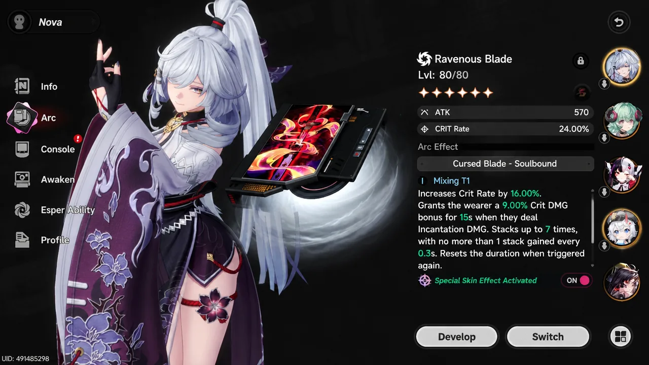 Ravenous Blade selected on the Arc screen with its stats and Arc Effect text shown