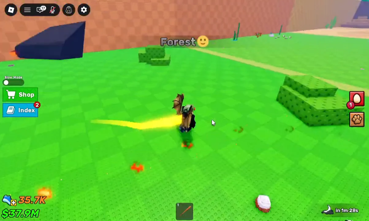 Boosted avatar with a bat and bright yellow trail running through the Forest zone
