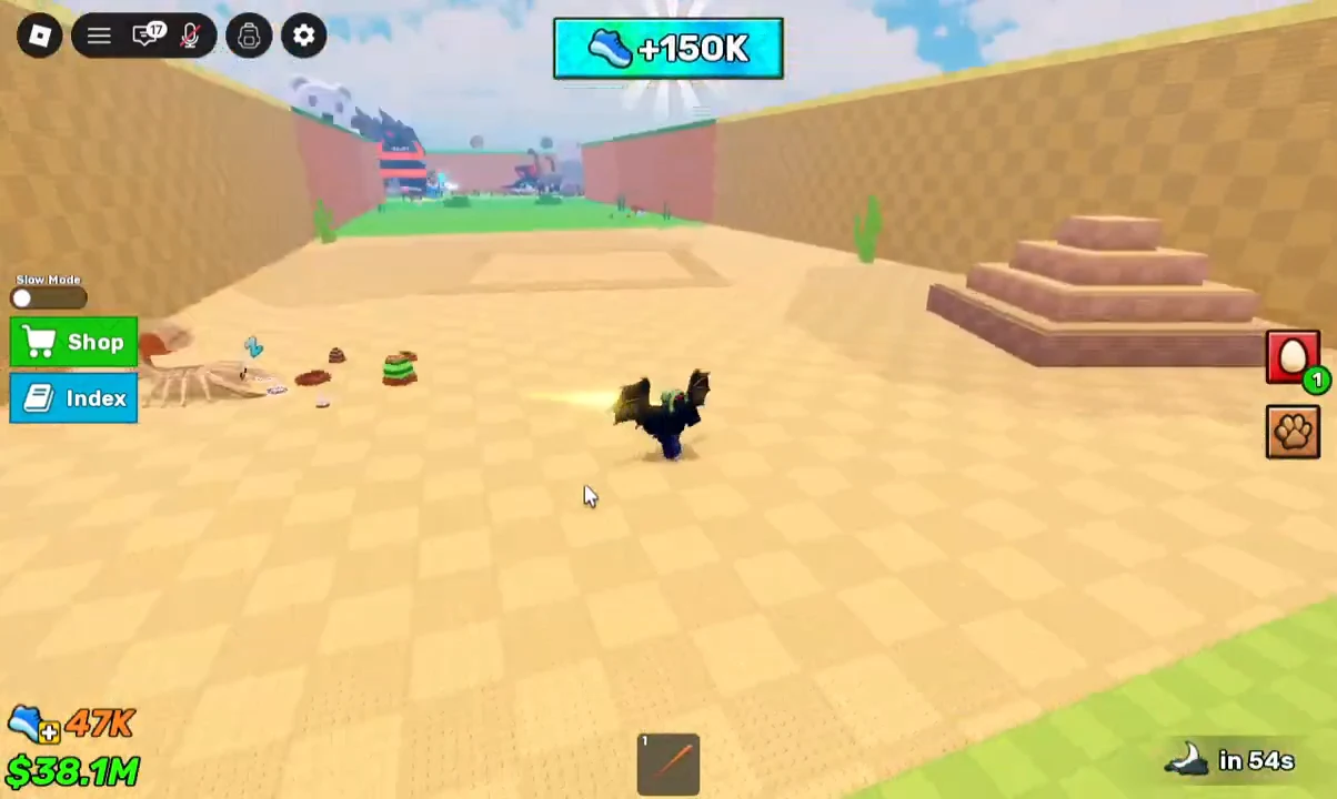 Speed reward banner active over a sandy arena after claiming a pet reward