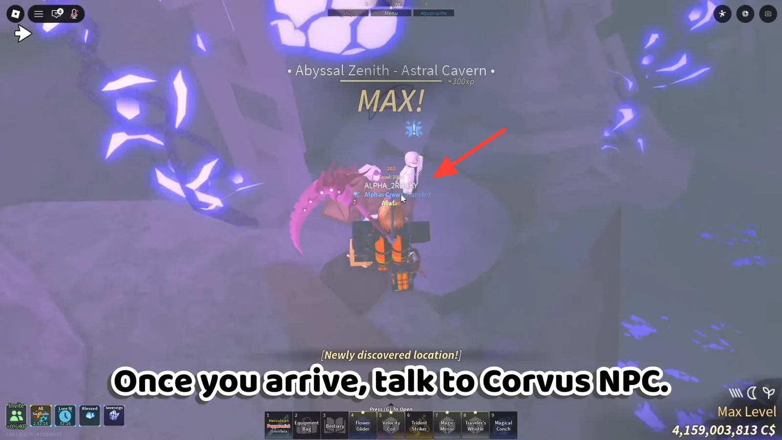 Player standing at the Corvus NPC in the Abyssal Zenith Astral Cavern starting the first quest