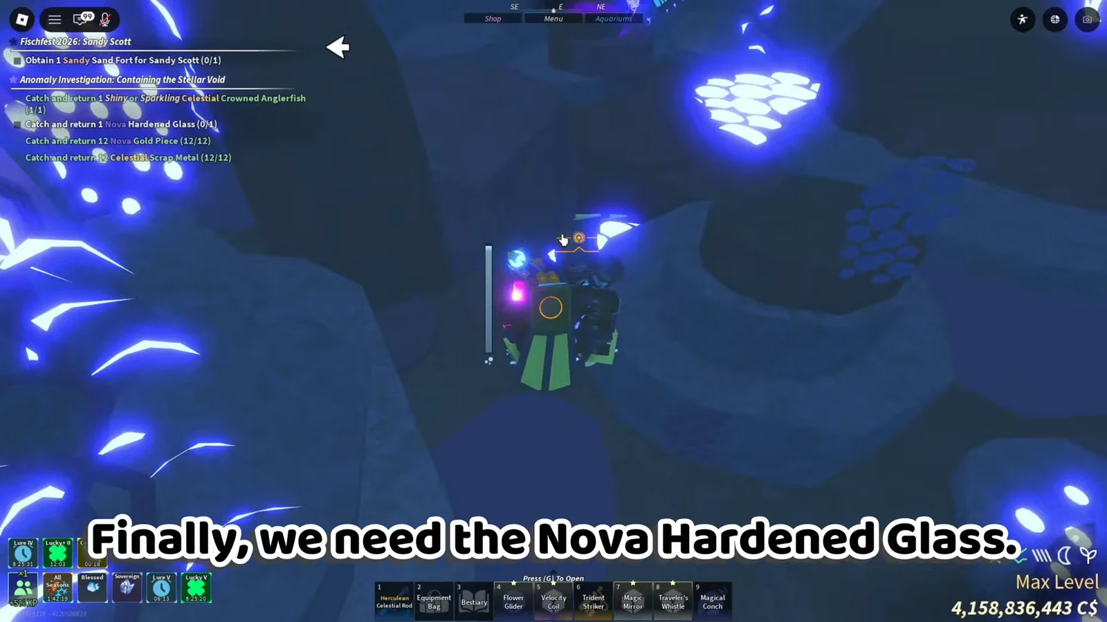 Quest tracker reading Catch and return 1 Nova Hardened Glass 0 of 1 while searching underwater