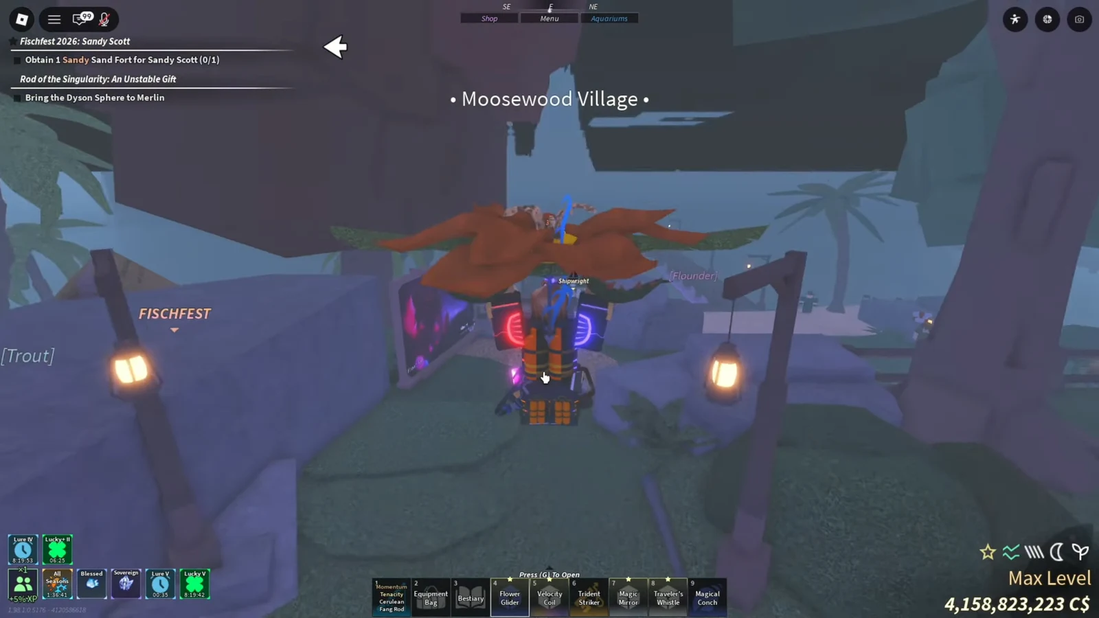 Flower Glider selected in the hotbar while moving through Moosewood Village