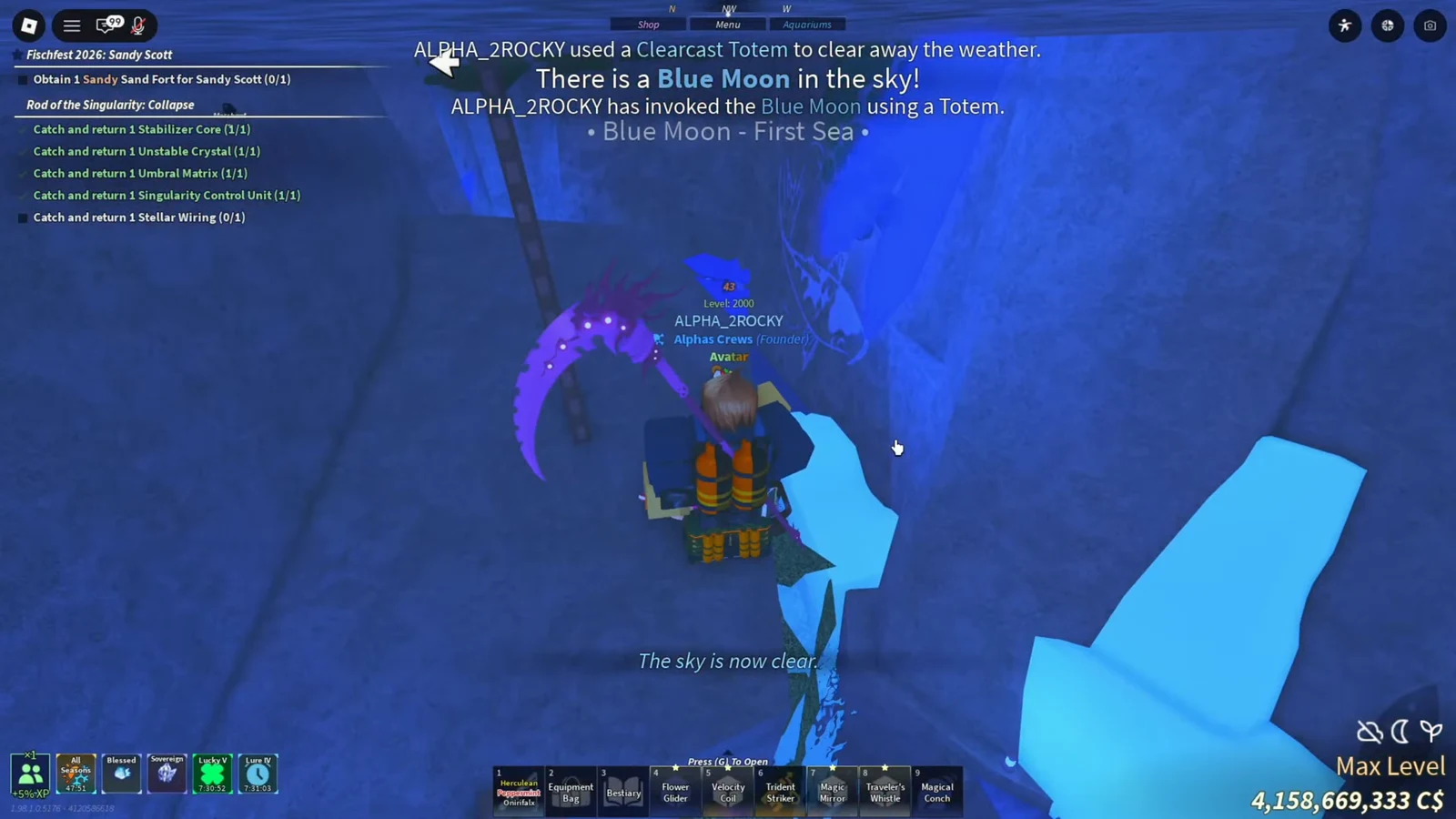 Blue Moon weather effect triggered by a totem clearing the sky in a blue-lit cavern