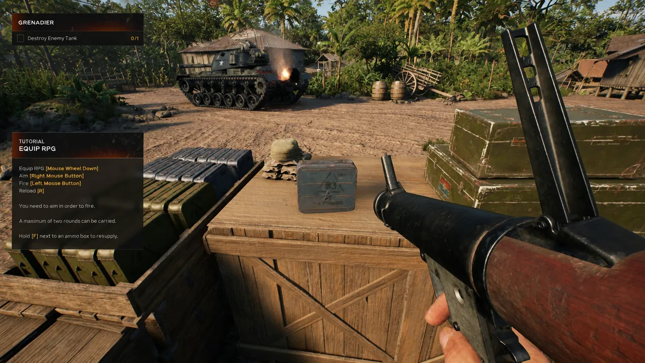 RPG equipped in first person aimed at an enemy tank