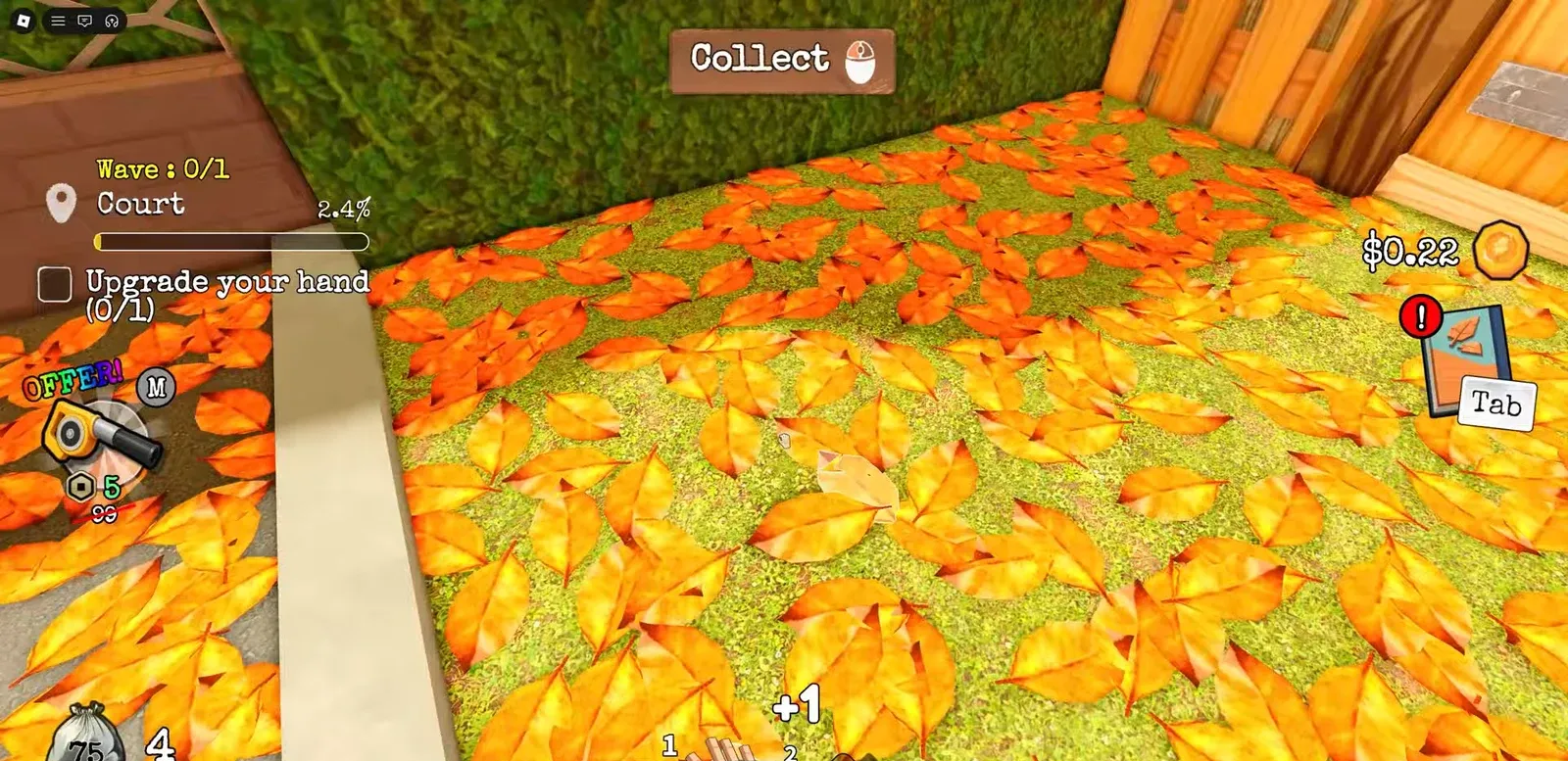 Court area with an active Collect prompt as the leaf total rises