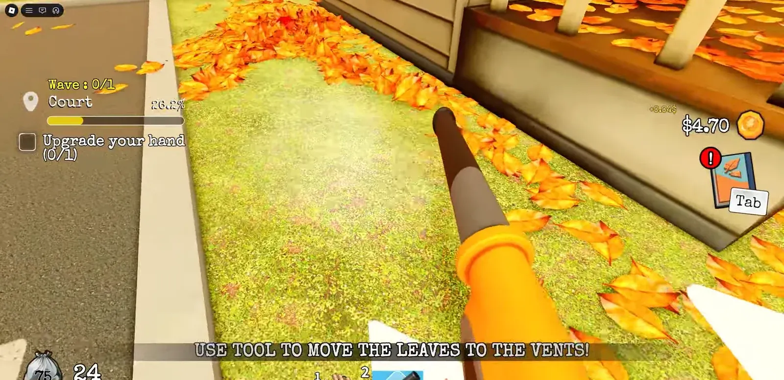 Handheld leaf blower moving fallen leaves toward vents in the Court