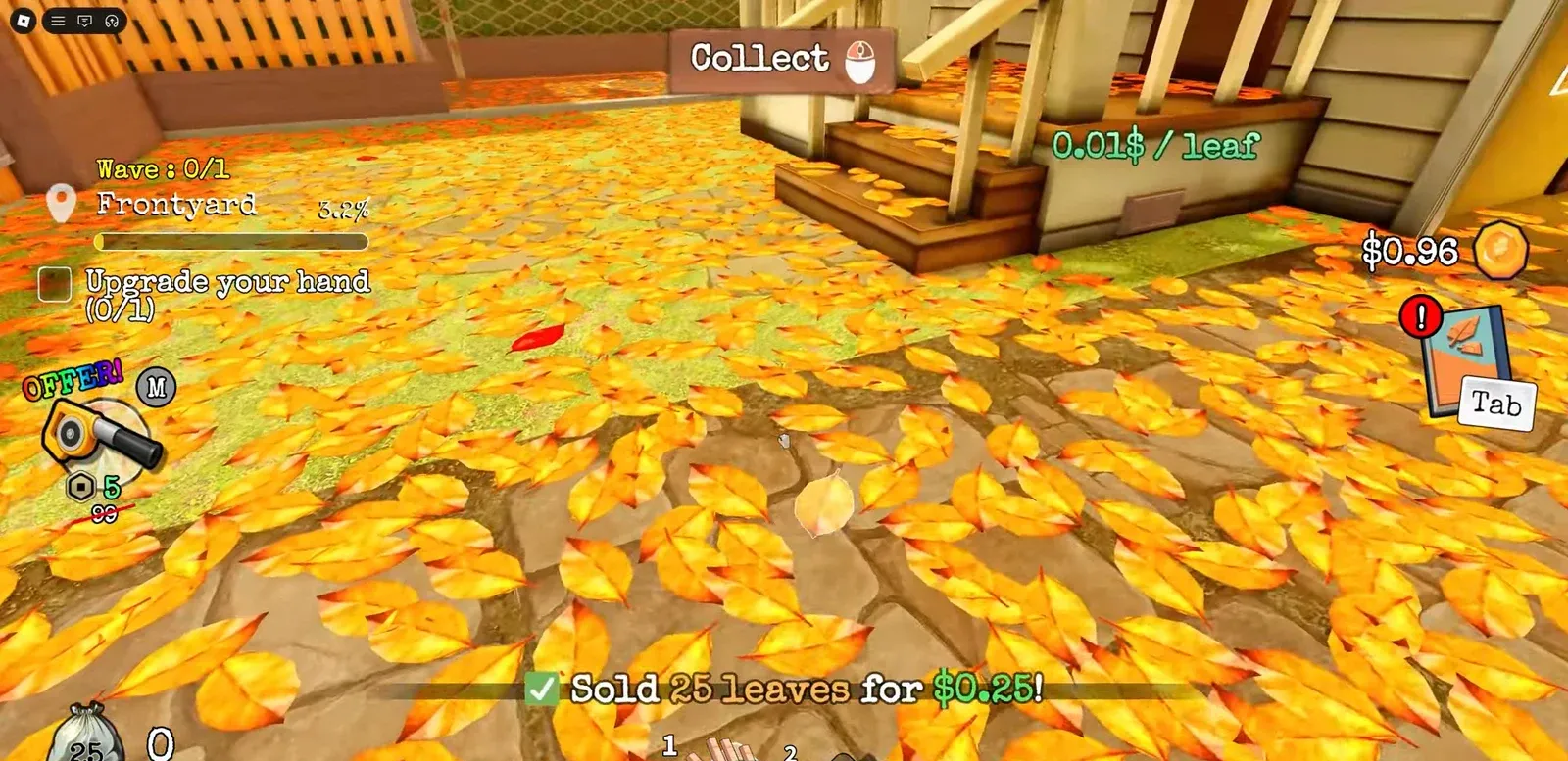 Frontyard screen showing a Collect prompt as leaves are sold for cash