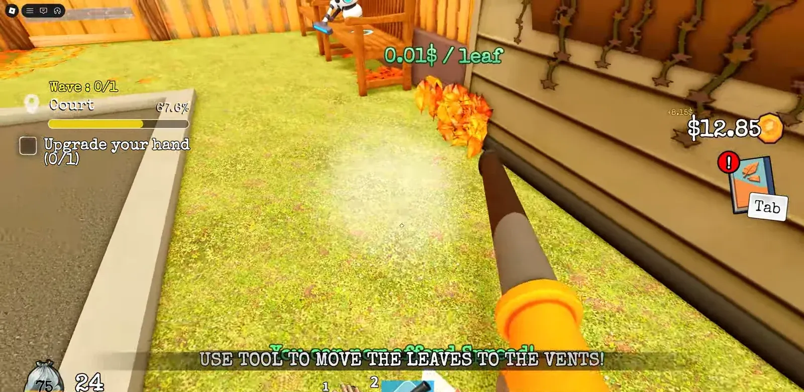 Player blowing orange leaves toward wall vents following the on-screen tool prompt