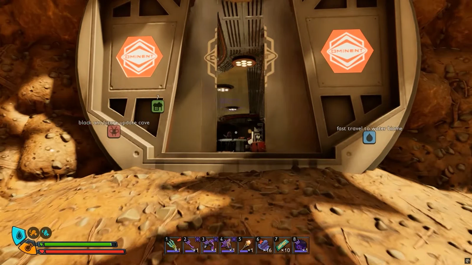 Approaching the Ranger Outpost: Statue facility doorway with a fast travel destination marker on screen