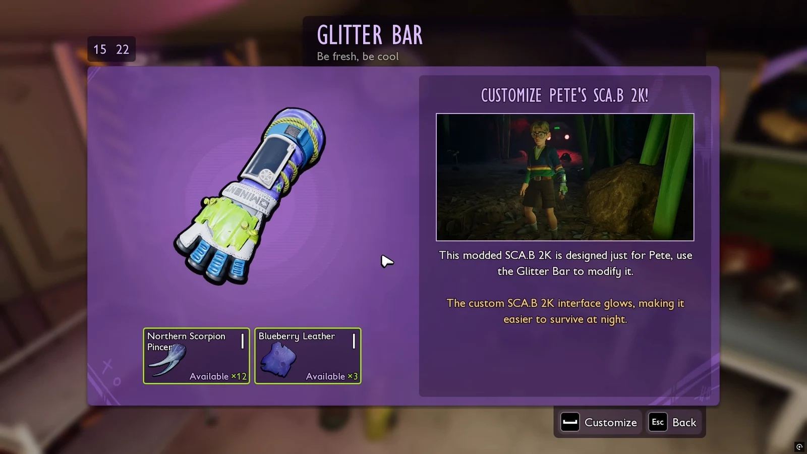 Customize Pete's SCA.B 2K screen at the Glitter Bar showing Northern Scorpion Pincer and Blueberry Leather costs