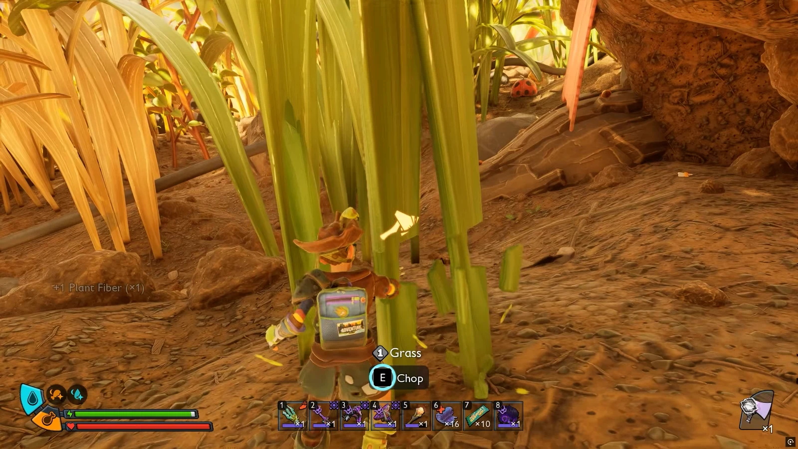 Grass resource with the E Chop prompt visible while harvesting after the Omni-Tool upgrade