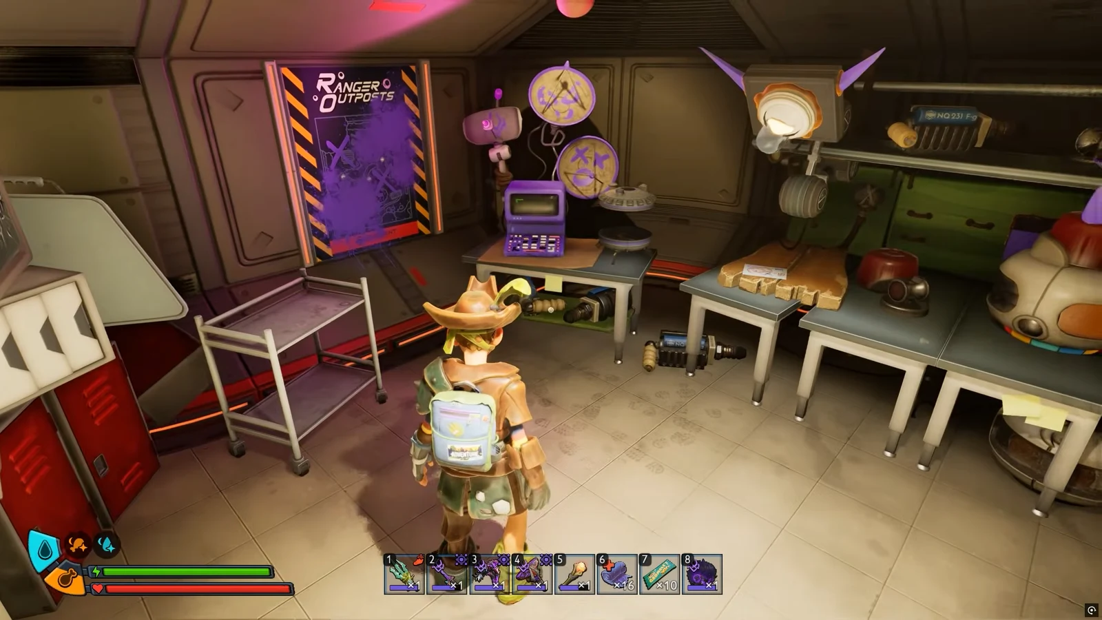 Player standing in the lab facing the purple Glitter Bar console on a table before interacting