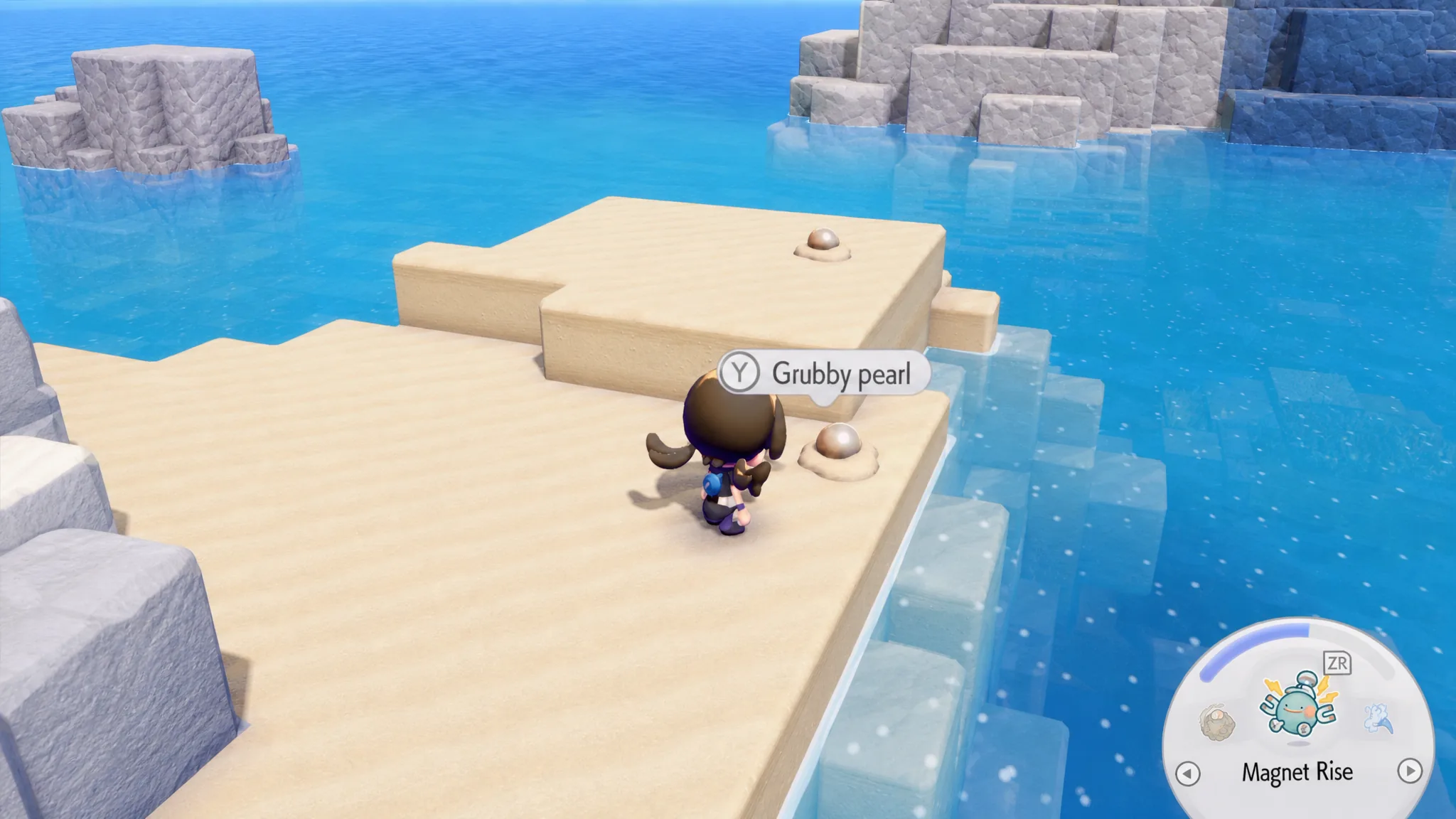 Two Grubby Pearls on a beach in Pokémon Pokopia