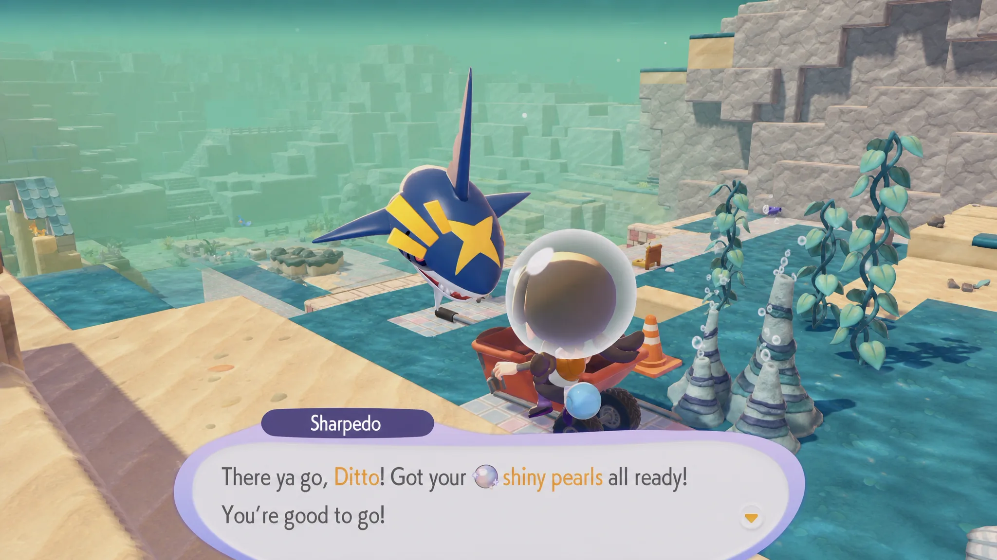 Getting some Shiny Pearls from Sharpedo in Pokémon Pokopia